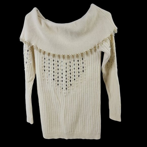 Vintage Pappagallo Beaded Pearl Off-Shoulder Sweater | Angora Wool Blend - Picture 1 of 11